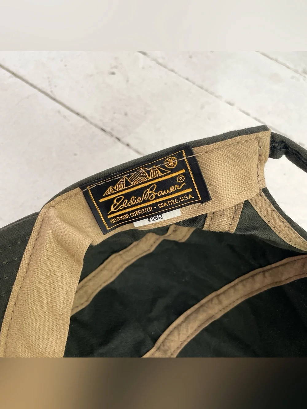 Vintage dark green waxed cotton Eddie Bauer fishing long brim hat.